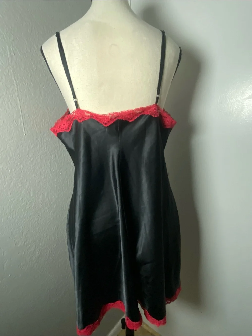 Y2K Victoria’s Secret Black Satin & Red Lace Slip Dress Size Large